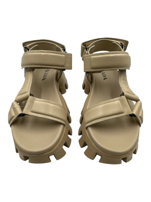 Prada Shoe Size 36.5 Beige Leather Upper Embossed Logo Velcro Ankle Sandals Beige / 36.5
