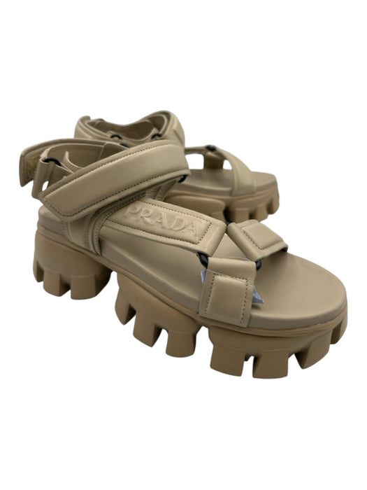 Prada Shoe Size 36.5 Beige Leather Upper Embossed Logo Velcro Ankle Sandals Beige / 36.5