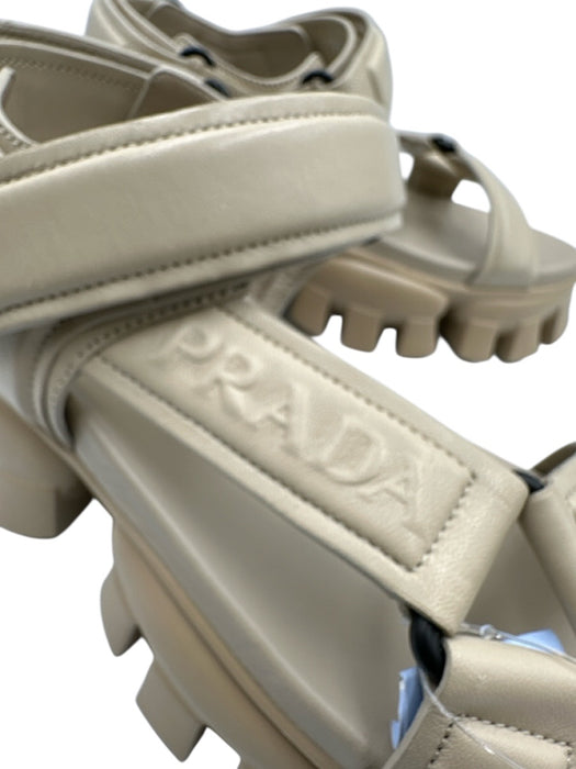 Prada Shoe Size 36.5 Beige Leather Upper Embossed Logo Velcro Ankle Sandals Beige / 36.5