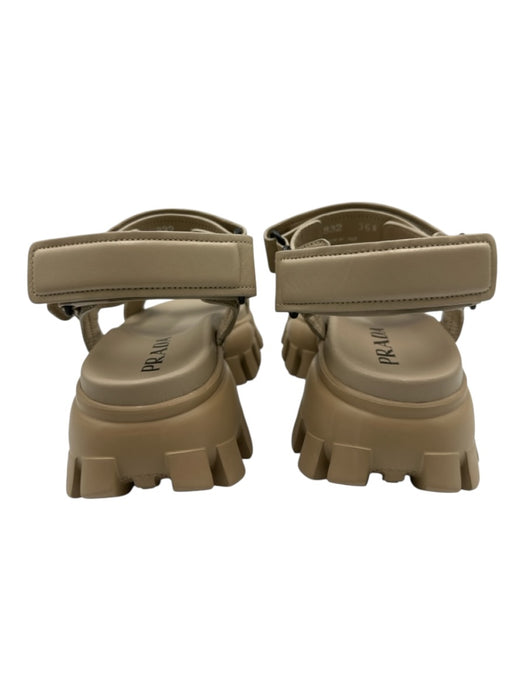Prada Shoe Size 36.5 Beige Leather Upper Embossed Logo Velcro Ankle Sandals Beige / 36.5
