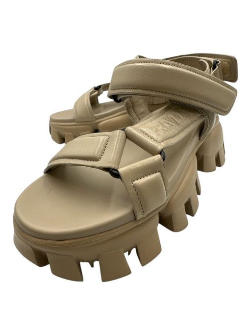 Prada Shoe Size 36.5 Beige Leather Upper Embossed Logo Velcro Ankle Sandals Beige / 36.5