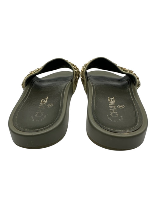 Chanel Shoe Size 37 Army Green & Gold textile upper Chain Detail Charm Sandals Army Green & Gold / 37