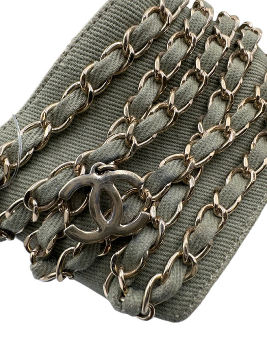 Chanel Shoe Size 37 Army Green & Gold textile upper Chain Detail Charm Sandals Army Green & Gold / 37
