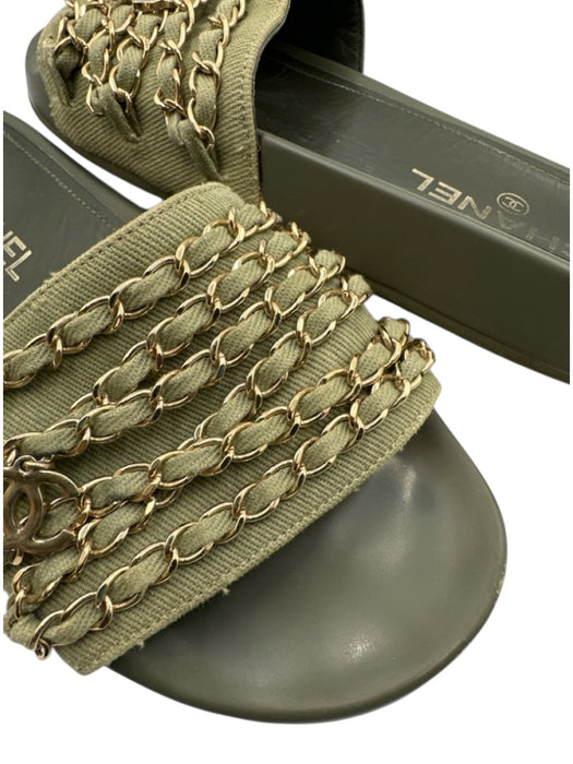 Chanel Shoe Size 37 Army Green & Gold textile upper Chain Detail Charm Sandals Army Green & Gold / 37