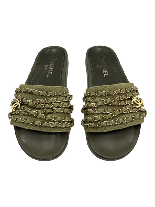 Chanel Shoe Size 37 Army Green & Gold textile upper Chain Detail Charm Sandals Army Green & Gold / 37