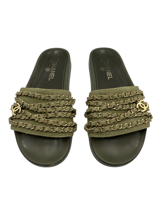 Chanel Shoe Size 37 Army Green & Gold textile upper Chain Detail Charm Sandals Army Green & Gold / 37