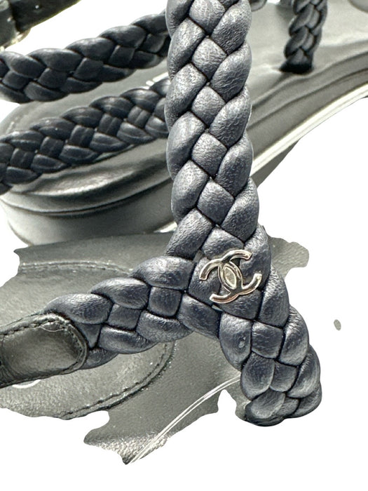Chanel Shoe Size 37 Midnight blue Leather Upper Braided Strap Toe Ring Sandals Midnight blue / 37