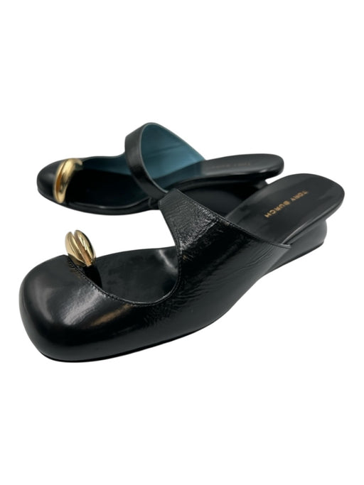 Tory Burch Shoe Size 6.5 Black & Gold Tone Leather Upper Metal Detail Mules Black & Gold Tone / 6.5