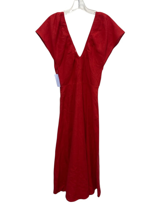 Apiece Apart Size 2 Red Linen Cap Sleeve Gathered Pleating V Neck A line Dress Red / 2