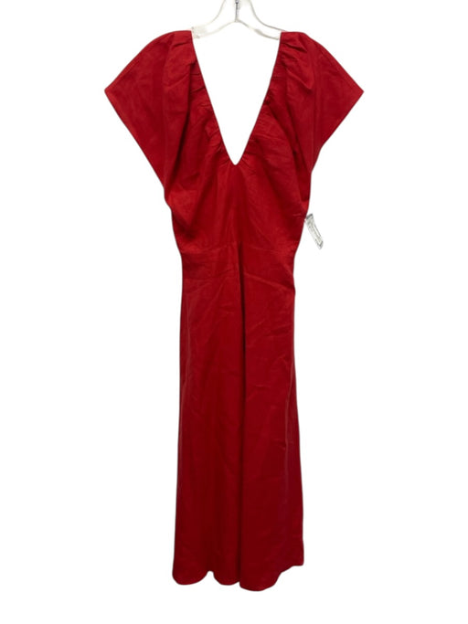 Apiece Apart Size 2 Red Linen Cap Sleeve Gathered Pleating V Neck A line Dress Red / 2