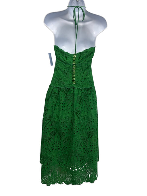Farm Rio Size XS Green Cotton Eyelet Tie Neck Halter Gathered Waist Dress Green / XS