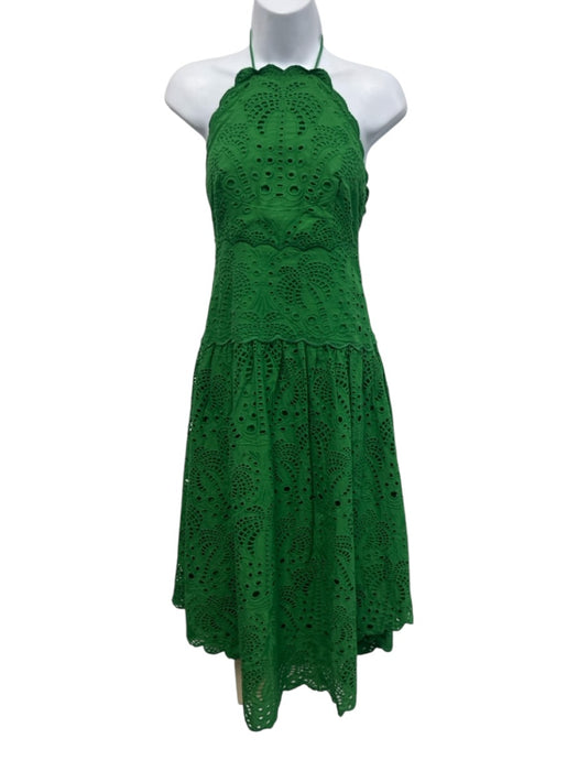 Farm Rio Size XS Green Cotton Eyelet Tie Neck Halter Gathered Waist Dress Green / XS