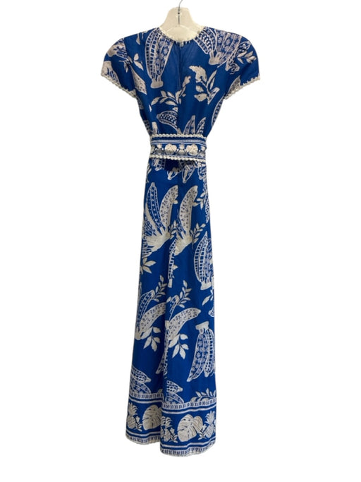 Farm Rio Size XS Blue & White Linen Blend Cap Sleeve Botanical Print Dress Blue & White / XS