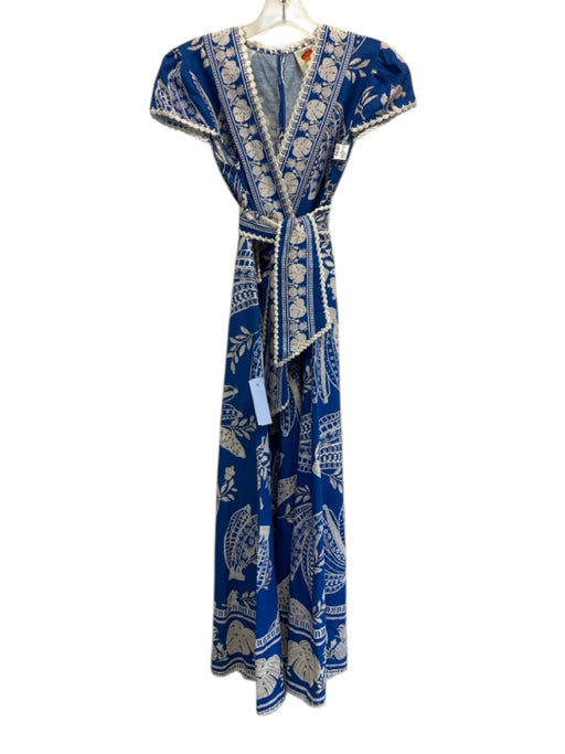 Farm Rio Size XS Blue & White Linen Blend Cap Sleeve Botanical Print Dress Blue & White / XS