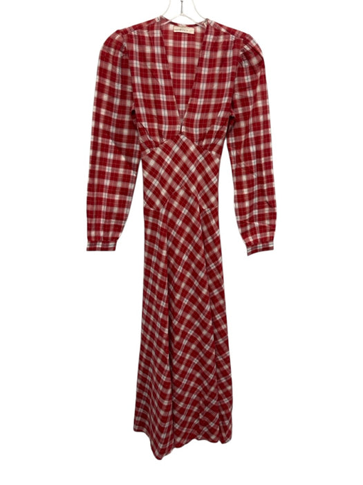 Doen Size XS Red, White & Blue Cotton Plaid Long Sleeve V Neck Segmented Dress Red, White & Blue / XS