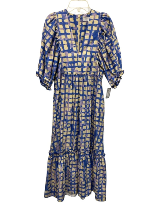 Hunter Bell Size XS Blue, Purple & Yellow Cotton Abstract Print Grid Dress Blue, Purple & Yellow / XS