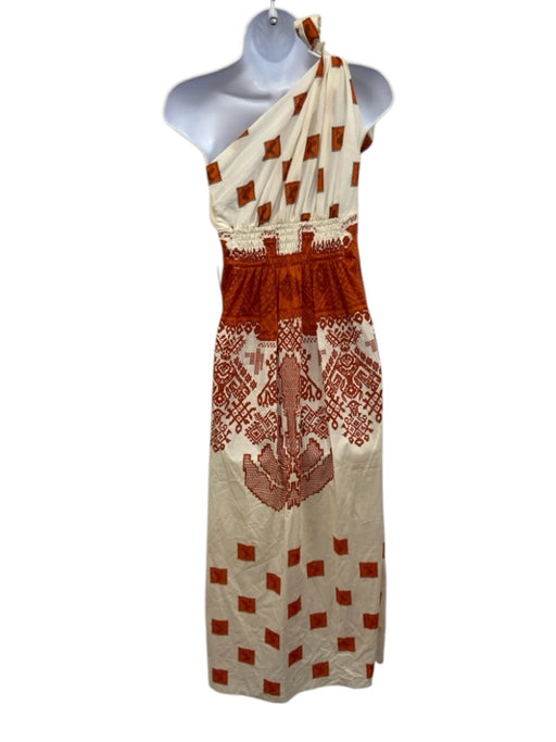 Johanne Ortiz Size 2 Cream White & Orange Cotton Tie Shoulder One Shoulder Dress Cream White & Orange / 2