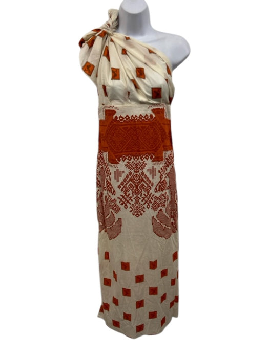 Johanne Ortiz Size 2 Cream White & Orange Cotton Tie Shoulder One Shoulder Dress Cream White & Orange / 2