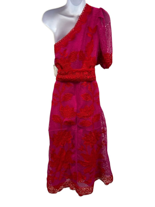 Farm Rio Size XS Pink & Red Polyester One Shoulder Lattice Overlay Floral Dress Pink & Red / XS