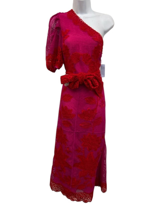 Farm Rio Size XS Pink & Red Polyester One Shoulder Lattice Overlay Floral Dress Pink & Red / XS