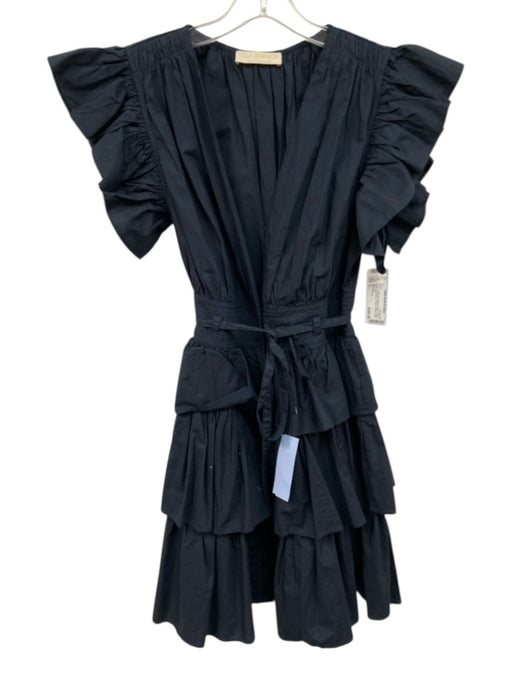 Ulla Johnson Size 0 Black Cotton Ruffle Cap Sleeve V Neck Button Front Dress Black / 0