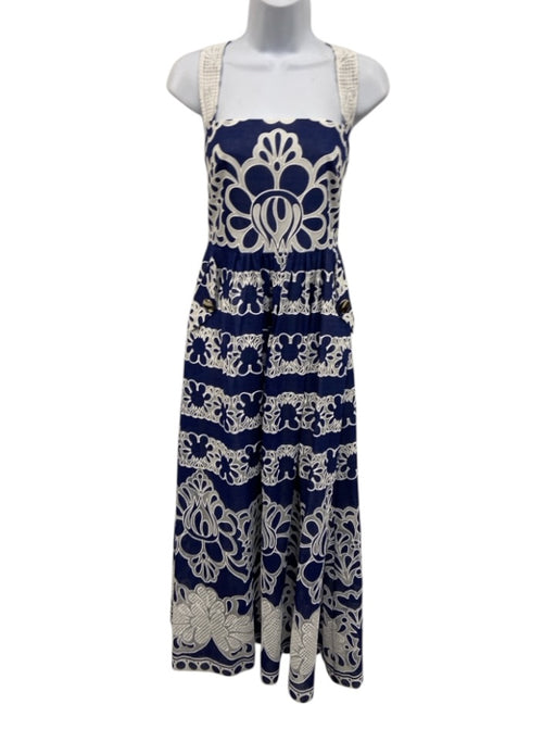 Borgo De Nor Size 8 Navy Blue & White Cotton Blend Lace Detail Sleeveless Dress Navy Blue & White / 8