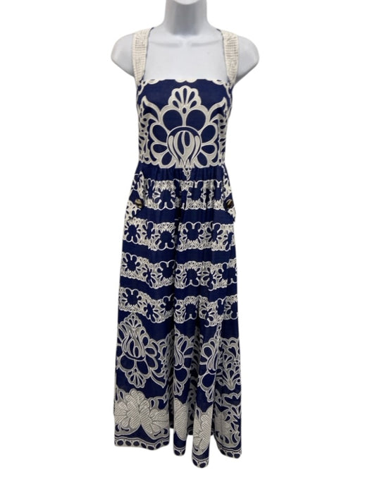 Borgo De Nor Size 8 Navy Blue & White Cotton Blend Lace Detail Sleeveless Dress Navy Blue & White / 8