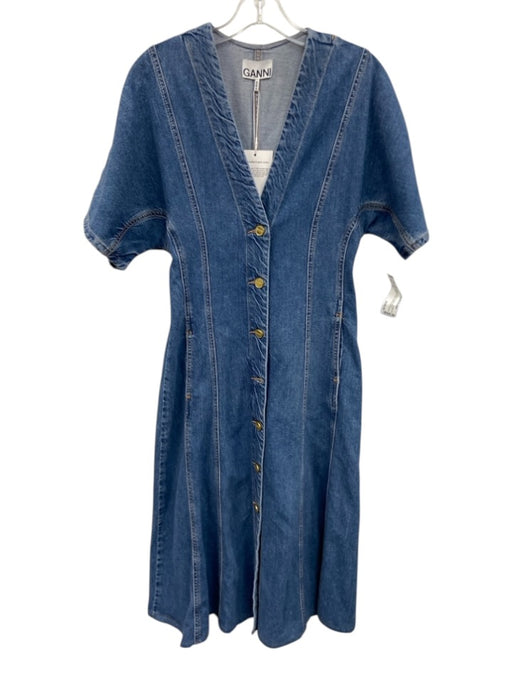 Ganni Size 34 Medium Wash Cotton Blend Denim Button Front Paneled Dress Medium Wash / 34