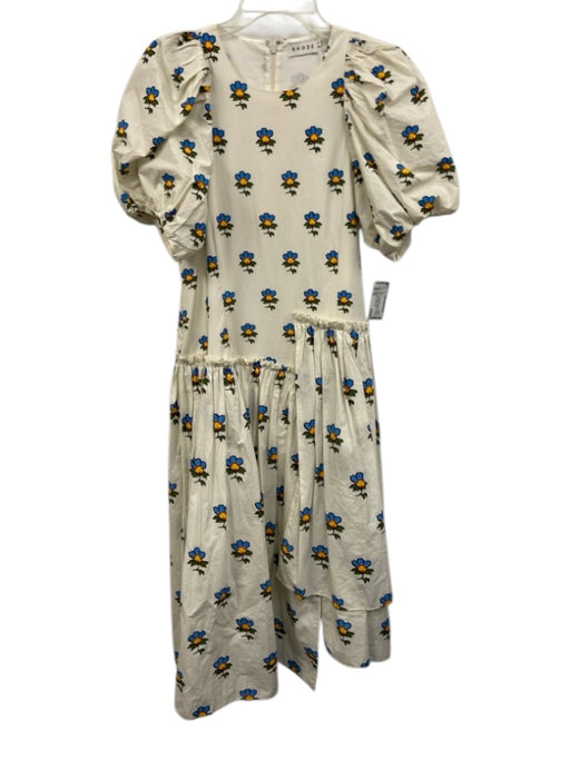 Rhode Size XS Cream White, Blue & Multi Cotton 1/2 Puff Sleeve Floral Dress Cream White, Blue & Multi / XS