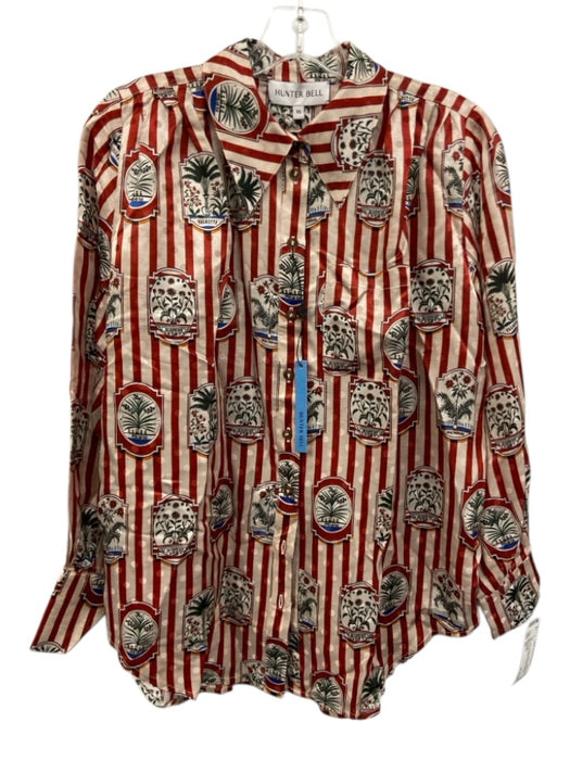 Hunter Bell Size XS Red, Cream & Multi Silk Blend Striped Long Sleeve Satin Top Red, Cream & Multi / XS