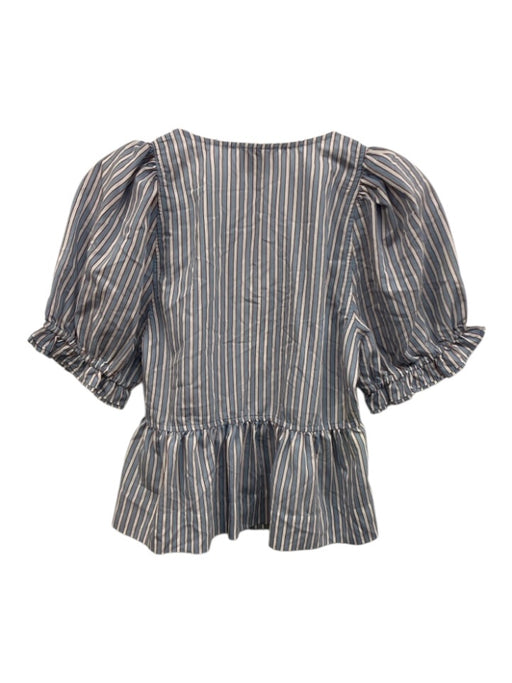 Ganni Size 34 Blue, White & Red Viscose Blend Striped Short Puff Sleeve Top Blue, White & Red / 34