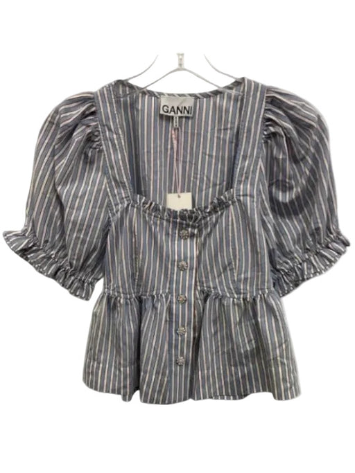 Ganni Size 34 Blue, White & Red Viscose Blend Striped Short Puff Sleeve Top Blue, White & Red / 34