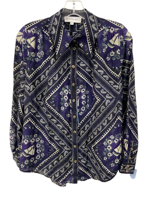 Hunter Bell Size XS Navy Blue & White Silk & Cotton Bandana Print Button Up Top Navy Blue & White / XS