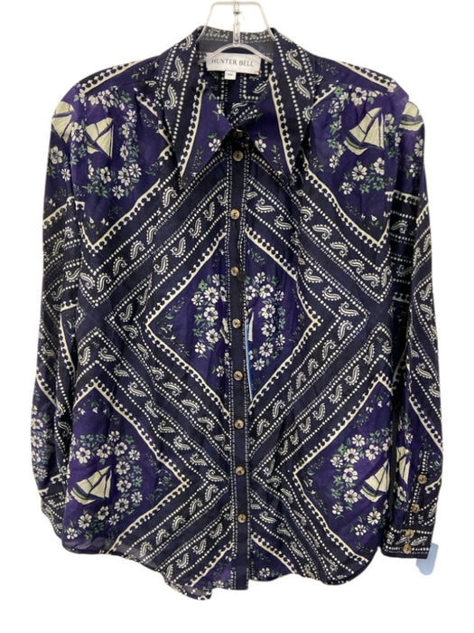 Hunter Bell Size XS Navy Blue & White Silk & Cotton Bandana Print Button Up Top Navy Blue & White / XS