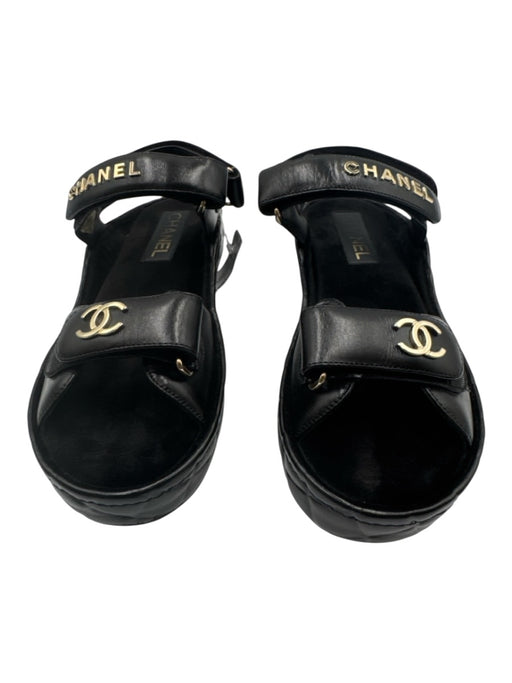 Chanel Shoe Size 37 Black Leather Upper Gold hardware Logo Velcro Sandals Black / 37