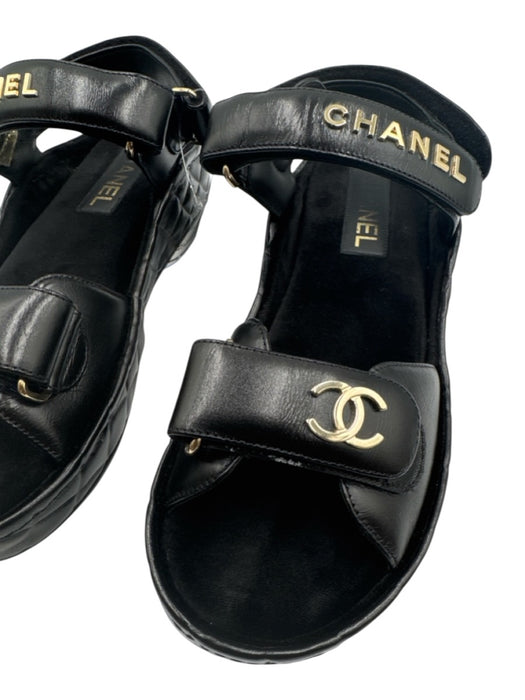 Chanel Shoe Size 37 Black Leather Upper Gold hardware Logo Velcro Sandals Black / 37