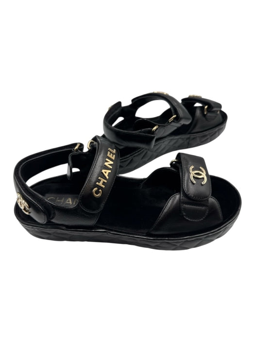 Chanel Shoe Size 37 Black Leather Upper Gold hardware Logo Velcro Sandals Black / 37