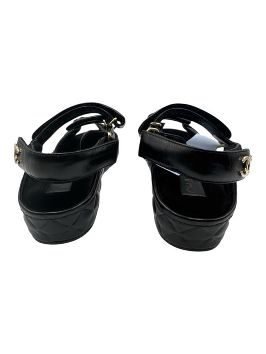 Chanel Shoe Size 37 Black Leather Upper Gold hardware Logo Velcro Sandals Black / 37