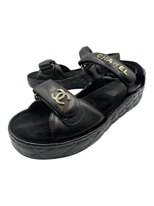 Chanel Shoe Size 37 Black Leather Upper Gold hardware Logo Velcro Sandals Black / 37