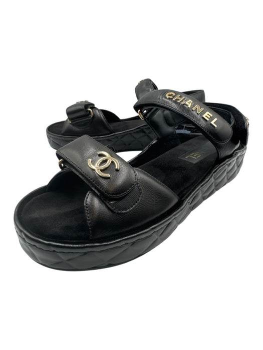 Chanel Shoe Size 37 Black Leather Upper Gold hardware Logo Velcro Sandals Black / 37