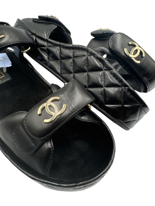 Chanel Shoe Size 37 Black Leather Upper Gold hardware Logo Velcro Sandals Black / 37