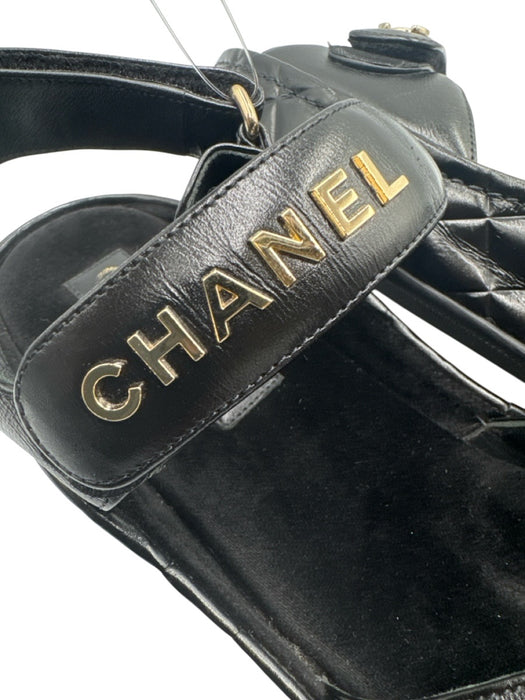 Chanel Shoe Size 37 Black Leather Upper Gold hardware Logo Velcro Sandals Black / 37
