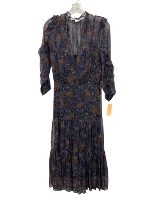 Veronica Beard Size 2 Blue, Brown & Beige Silk Floral Paisley Sheer V Neck Dress Blue, Brown & Beige / 2