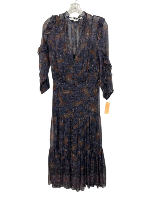 Veronica Beard Size 2 Blue, Brown & Beige Silk Floral Paisley Sheer V Neck Dress Blue, Brown & Beige / 2