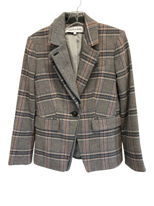 Veronica Beard Size 4 Black, Beige & Blue Cotton & Wool Blend Plaid Jacket Black, Beige & Blue / 4