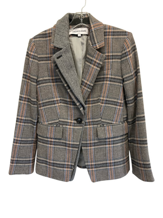 Veronica Beard Size 4 Black, Beige & Blue Cotton & Wool Blend Plaid Jacket Black, Beige & Blue / 4