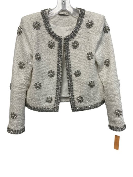 Alice + Olivia Size XS White Polyester Blend Tweed Crystal Flowers Jacket White / XS