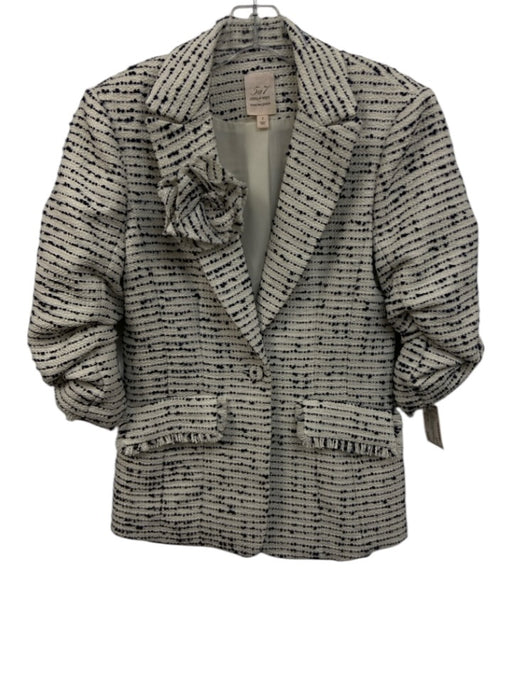 Cinq a Sept Size 2 White & Navy Blue Polyester Blend Tweed Scrunch Sleeve Jacket White & Navy Blue / 2