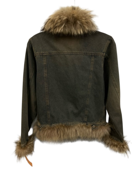 No Brand Size S Blue & Brown Cotton Denim Fur Trim Button Front Jacket Blue & Brown / S