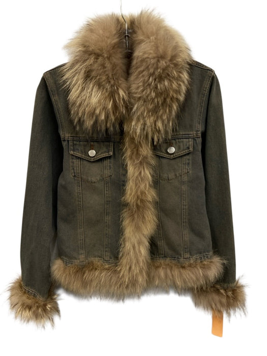 No Brand Size S Blue & Brown Cotton Denim Fur Trim Button Front Jacket Blue & Brown / S
